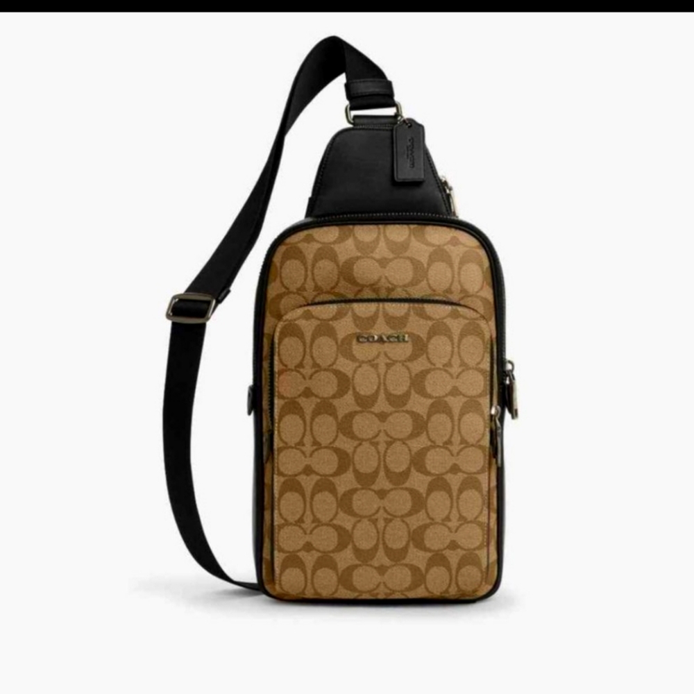 Coach Men's Ethan Sling Brown Signature  Canvas Leather Backpack Travel Bag